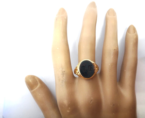 ANTIQUE 9ct Gold & Bloodstone Intaglio Signet Ring c.1900