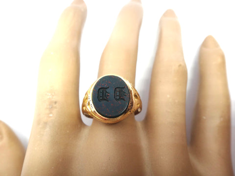ANTIQUE 9ct Gold & Bloodstone Intaglio Signet Ring c.1900