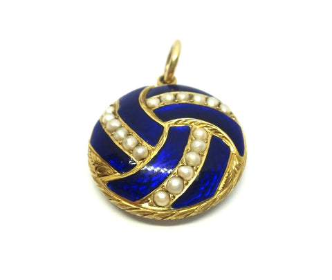 ANTIQUE 18ct Gold, Blue Enamel &  Seed Pearl Locket Pendant c.1870