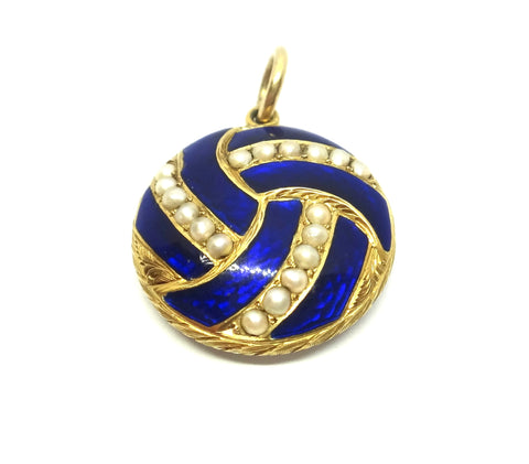 ANTIQUE 18ct Gold, Blue Enamel &  Seed Pearl Locket Pendant c.1870