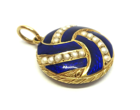 ANTIQUE 18ct Gold, Blue Enamel &  Seed Pearl Locket Pendant c.1870