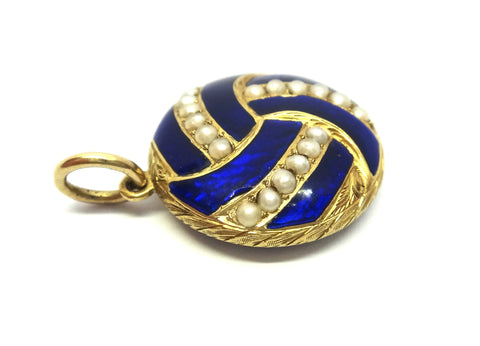 ANTIQUE 18ct Gold, Blue Enamel &  Seed Pearl Locket Pendant c.1870
