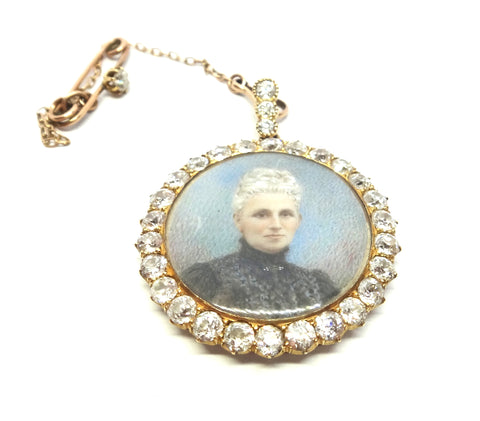 Rare ANTIQUE 18ct Gold, Diamond & Hand Painted Portrait Miniature Pendant - Larard Brothers/Ada Whiting