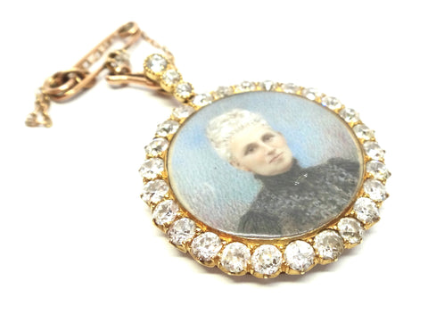 Rare ANTIQUE 18ct Gold, Diamond & Hand Painted Portrait Miniature Pendant - Larard Brothers/Ada Whiting