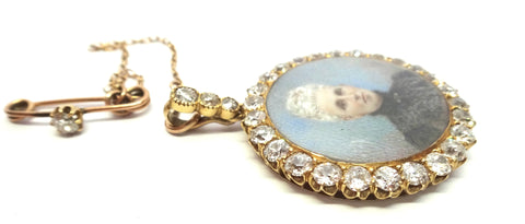 Rare ANTIQUE 18ct Gold, Diamond & Hand Painted Portrait Miniature Pendant - Larard Brothers/Ada Whiting