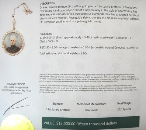 Rare ANTIQUE 18ct Gold, Diamond & Hand Painted Portrait Miniature Pendant - Larard Brothers/Ada Whiting