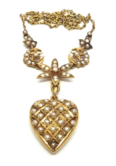 ANTIQUE 15ct Gold & Seed Pearl Decorative Necklace - Willis, Melbourne c.1900