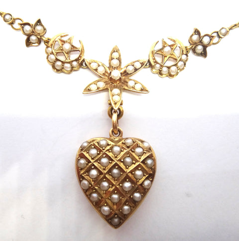 ANTIQUE 15ct Gold & Seed Pearl Decorative Necklace - Willis, Melbourne c.1900