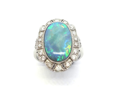 Art Deco Style 14ct Gold, Black Opal & Diamond Ring - VAL $17,500