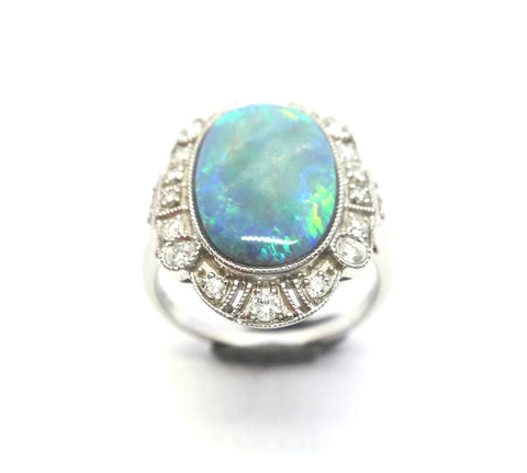 Art Deco Style 14ct Gold, Black Opal & Diamond Ring - VAL $17,500