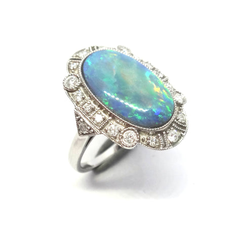 Art Deco Style 14ct Gold, Black Opal & Diamond Ring - VAL $17,500