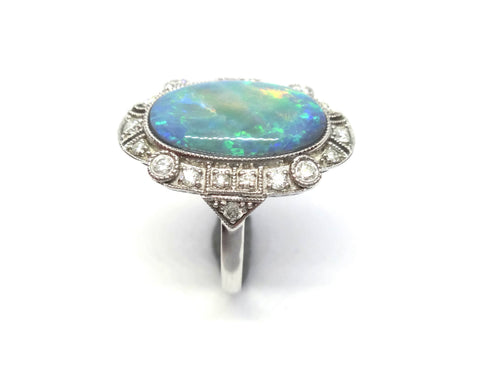 Art Deco Style 14ct Gold, Black Opal & Diamond Ring - VAL $17,500