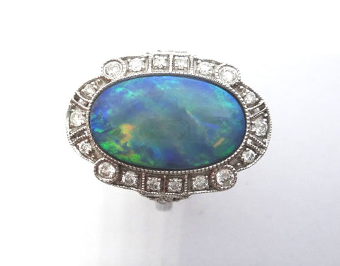 Art Deco Style 14ct Gold, Black Opal & Diamond Ring - VAL $17,500