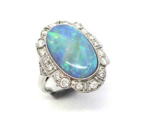 Art Deco Style 14ct Gold, Black Opal & Diamond Ring - VAL $17,500