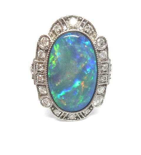 Art Deco Style 14ct Gold, Black Opal & Diamond Ring - VAL $17,500