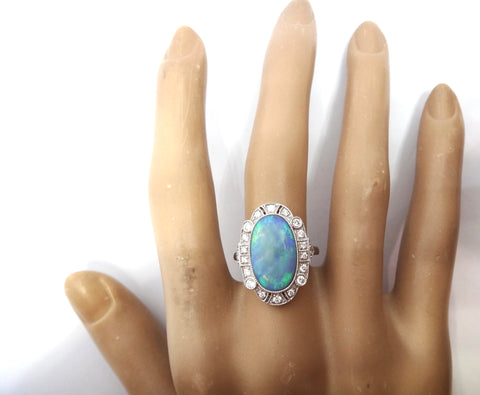 Art Deco Style 14ct Gold, Black Opal & Diamond Ring - VAL $17,500