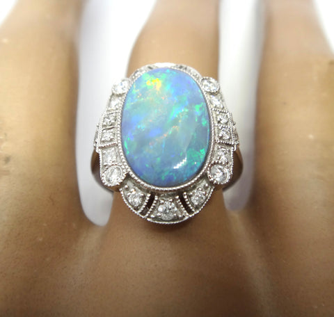 Art Deco Style 14ct Gold, Black Opal & Diamond Ring - VAL $17,500