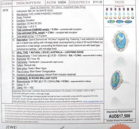 Art Deco Style 14ct Gold, Black Opal & Diamond Ring - VAL $17,500