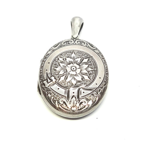 ANTIQUE Sterling Silver Engraved Locket Pendant  c.1880