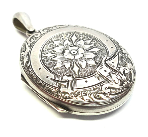 ANTIQUE Sterling Silver Engraved Locket Pendant  c.1880