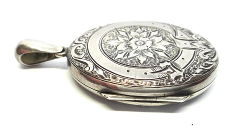 ANTIQUE Sterling Silver Engraved Locket Pendant  c.1880