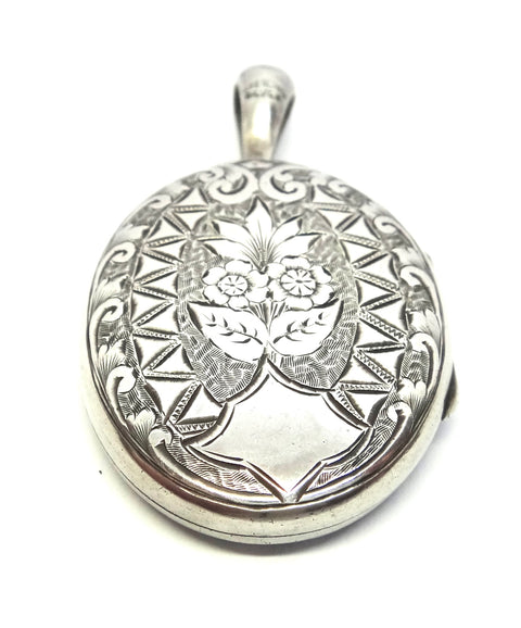 ANTIQUE Sterling Silver Engraved Locket Pendant  c.1880