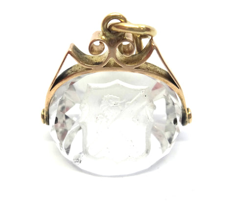 ANTIQUE 15ct Gold & Rock Crystal Intaglio Spinner Fob Pendant c.1870