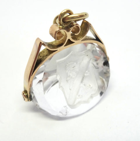 ANTIQUE 15ct Gold & Rock Crystal Intaglio Spinner Fob Pendant c.1870