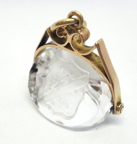 ANTIQUE 15ct Gold & Rock Crystal Intaglio Spinner Fob Pendant c.1870