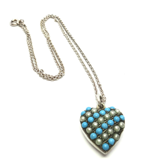 ANTIQUE Silver, Turquoise & Pearl Heart Pendant Necklace c.1900