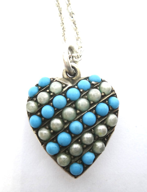 ANTIQUE Silver, Turquoise & Pearl Heart Pendant Necklace c.1900