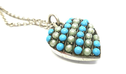 ANTIQUE Silver, Turquoise & Pearl Heart Pendant Necklace c.1900