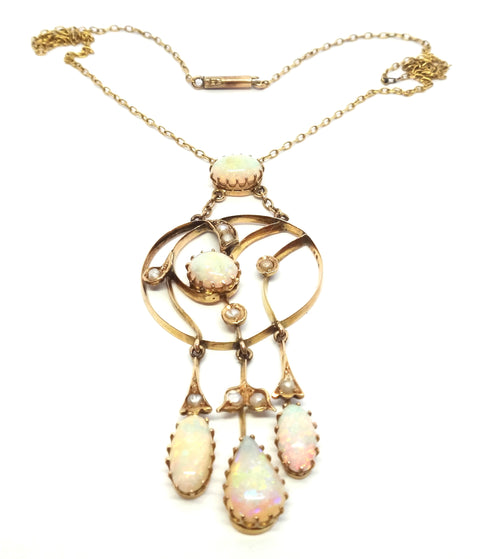 ANTIQUE 15ct Gold, OPAL & Seed Pearl Drop Necklace c.1870 - VAL $6,500