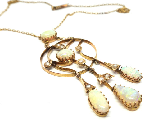 ANTIQUE 15ct Gold, OPAL & Seed Pearl Drop Necklace c.1870 - VAL $6,500