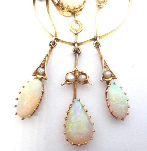ANTIQUE 15ct Gold, OPAL & Seed Pearl Drop Necklace c.1870 - VAL $6,500