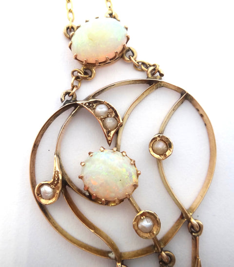 ANTIQUE 15ct Gold, OPAL & Seed Pearl Drop Necklace c.1870 - VAL $6,500