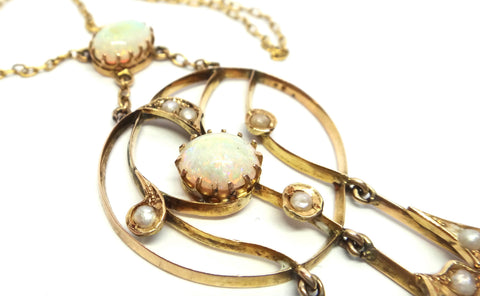 ANTIQUE 15ct Gold, OPAL & Seed Pearl Drop Necklace c.1870 - VAL $6,500