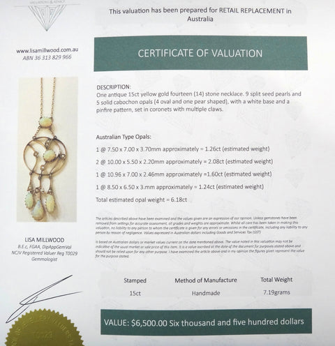 ANTIQUE 15ct Gold, OPAL & Seed Pearl Drop Necklace c.1870 - VAL $6,500