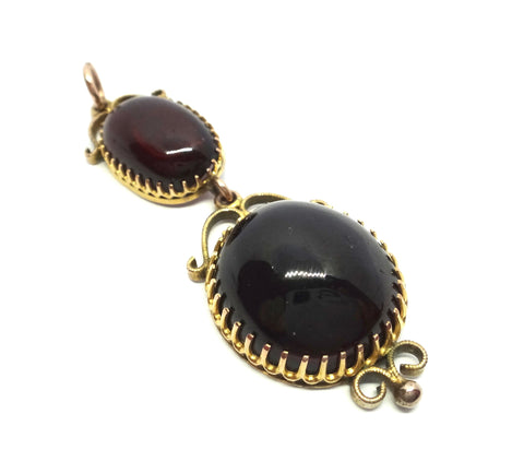 ANTIQUE 9ct GOLD & Cabochon Garnet Double Drop Pendant c.1880 - VAL $4,400