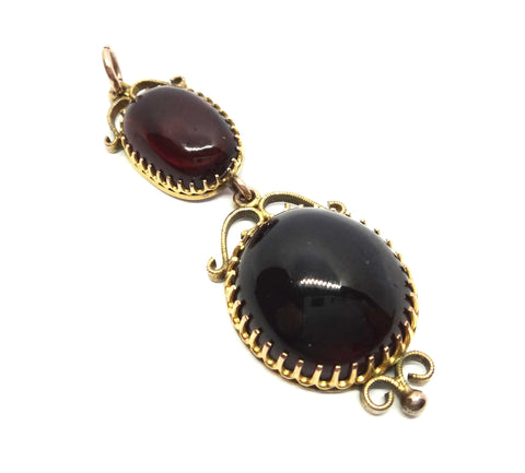 ANTIQUE 9ct GOLD & Cabochon Garnet Double Drop Pendant c.1880 - VAL $4,400