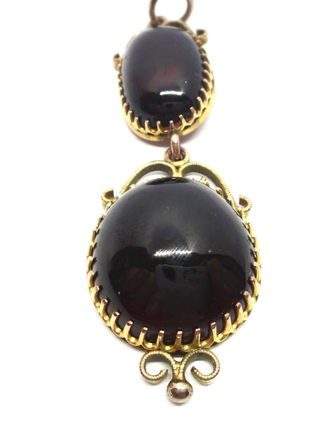 ANTIQUE 9ct GOLD & Cabochon Garnet Double Drop Pendant c.1880 - VAL $4,400