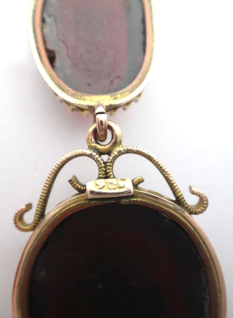 ANTIQUE 9ct GOLD & Cabochon Garnet Double Drop Pendant c.1880 - VAL $4,400