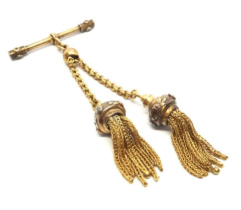 ANTIQUE 18ct Yellow Gold T-Bar & Double Tassel Drop Fob c.1880