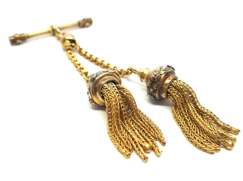 ANTIQUE 18ct Yellow Gold T-Bar & Double Tassel Drop Fob c.1880