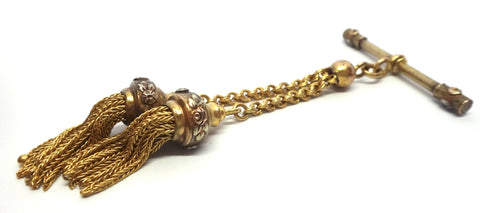 ANTIQUE 18ct Yellow Gold T-Bar & Double Tassel Drop Fob c.1880