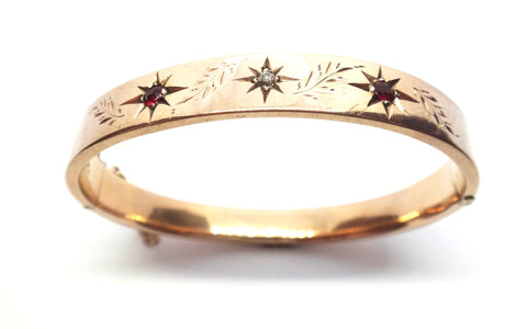 Australian ANTIQUE 9ct Rose Gold, Ruby & Diamond Hinged Bangle c.1915