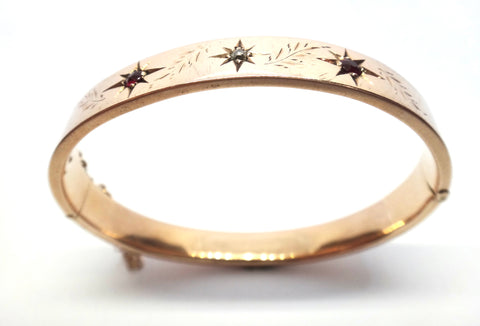 Australian ANTIQUE 9ct Rose Gold, Ruby & Diamond Hinged Bangle c.1915