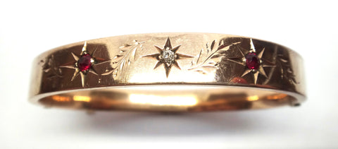 Australian ANTIQUE 9ct Rose Gold, Ruby & Diamond Hinged Bangle c.1915