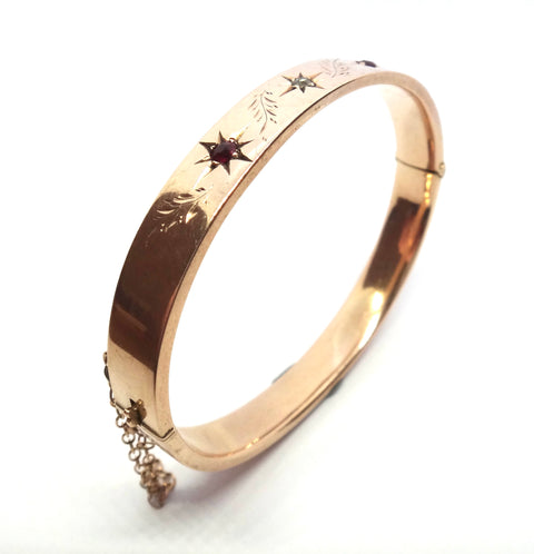 Australian ANTIQUE 9ct Rose Gold, Ruby & Diamond Hinged Bangle c.1915