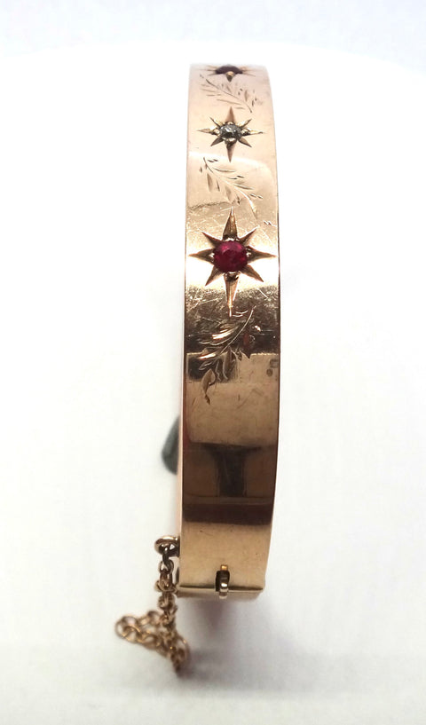 Australian ANTIQUE 9ct Rose Gold, Ruby & Diamond Hinged Bangle c.1915